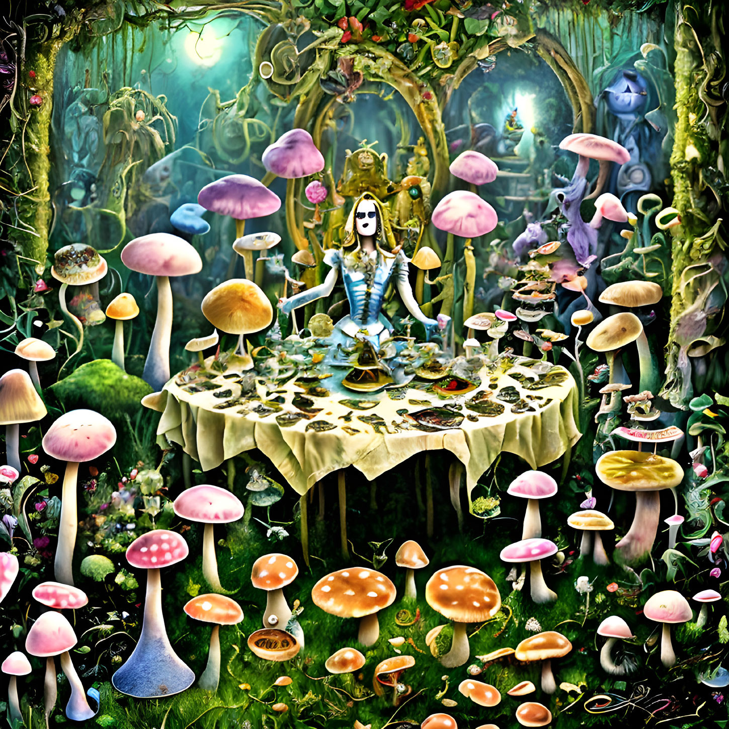 Colorful Tea Party Setup with Oversized Mushrooms and Whimsical Creatures in Dream-like Forest