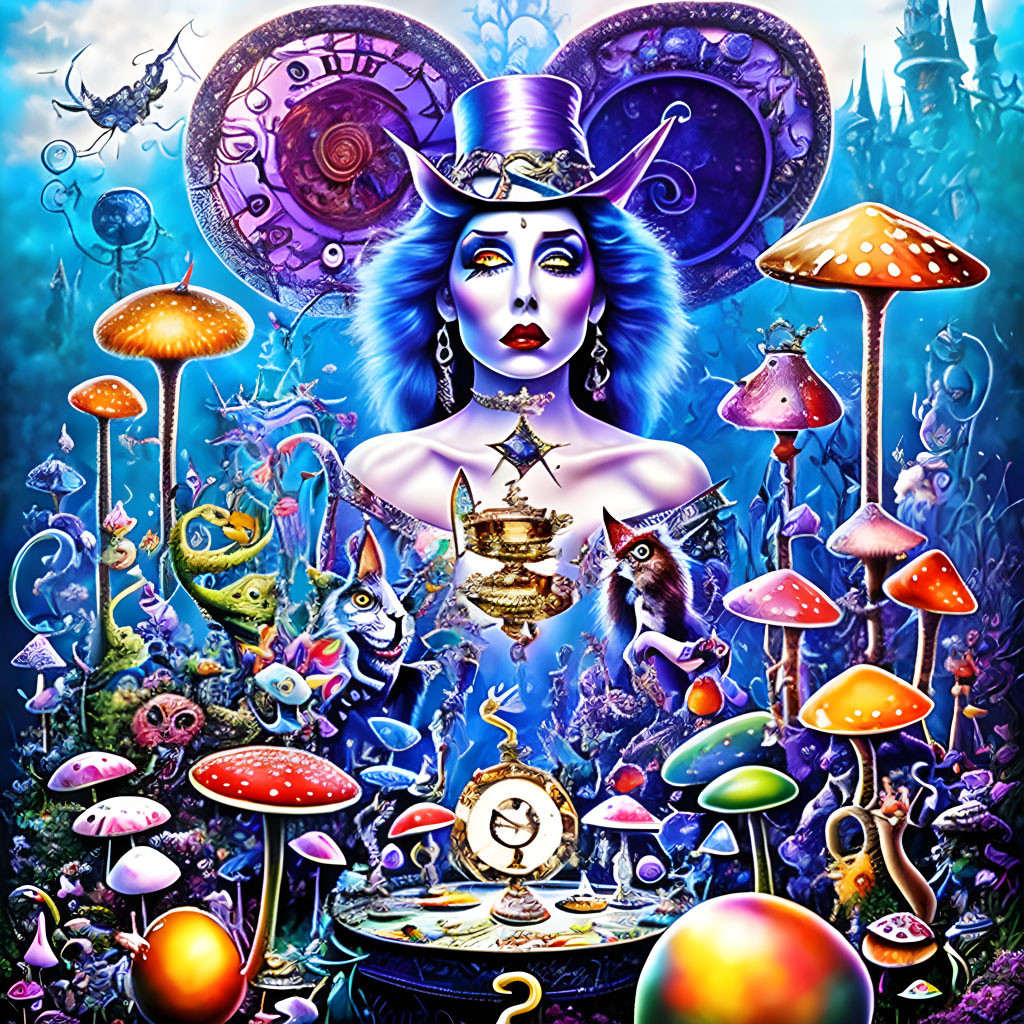 Fantasy-inspired image: Woman with blue skin, top hat, vibrant mushrooms, clocks, whimsical