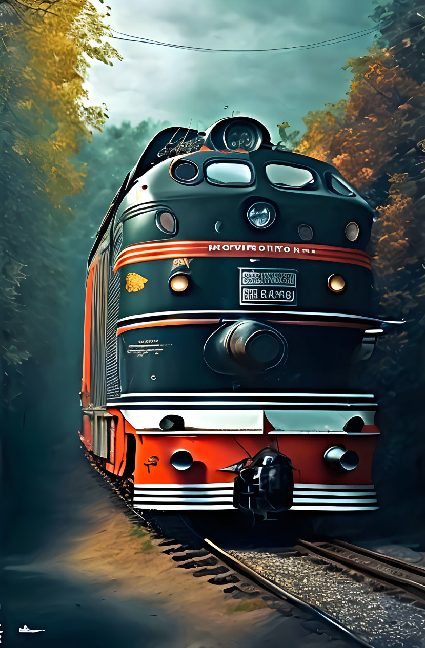 Vintage Black and Orange Locomotive Train Number 844 Emerging from Misty Track