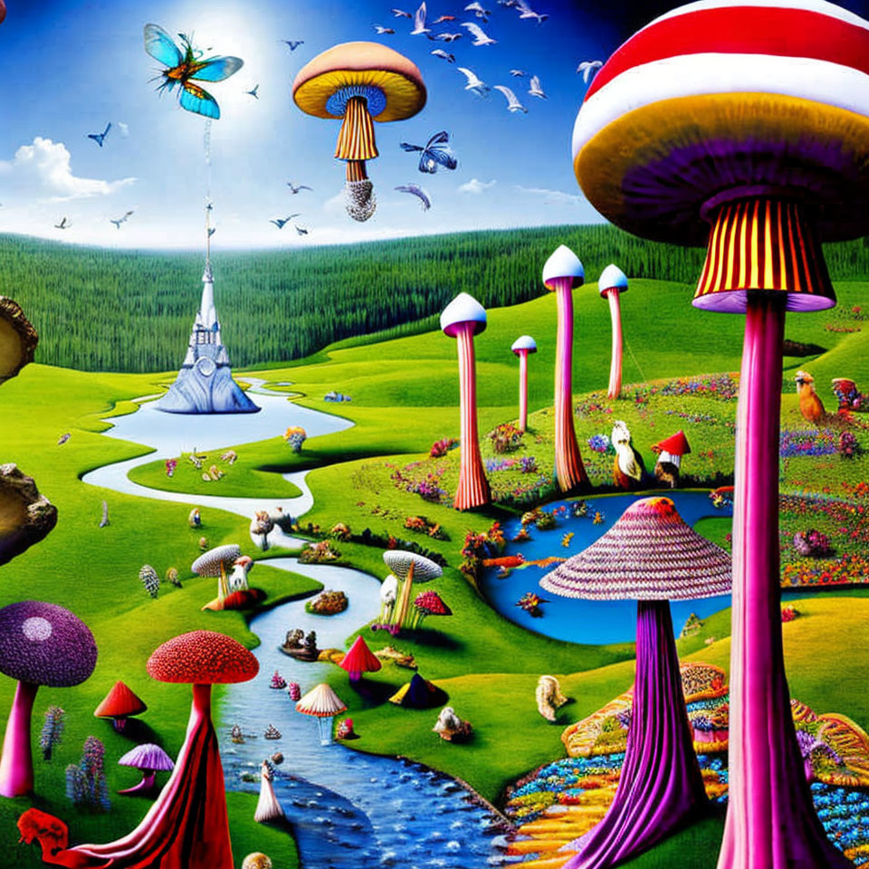 Fantasy landscape with castle, oversized mushrooms, rivers, colorful flora, fauna