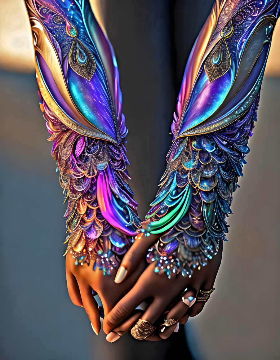 Colorful Peacock Feather-Inspired Gloves with Iridescent Blues, Purples, Detailed