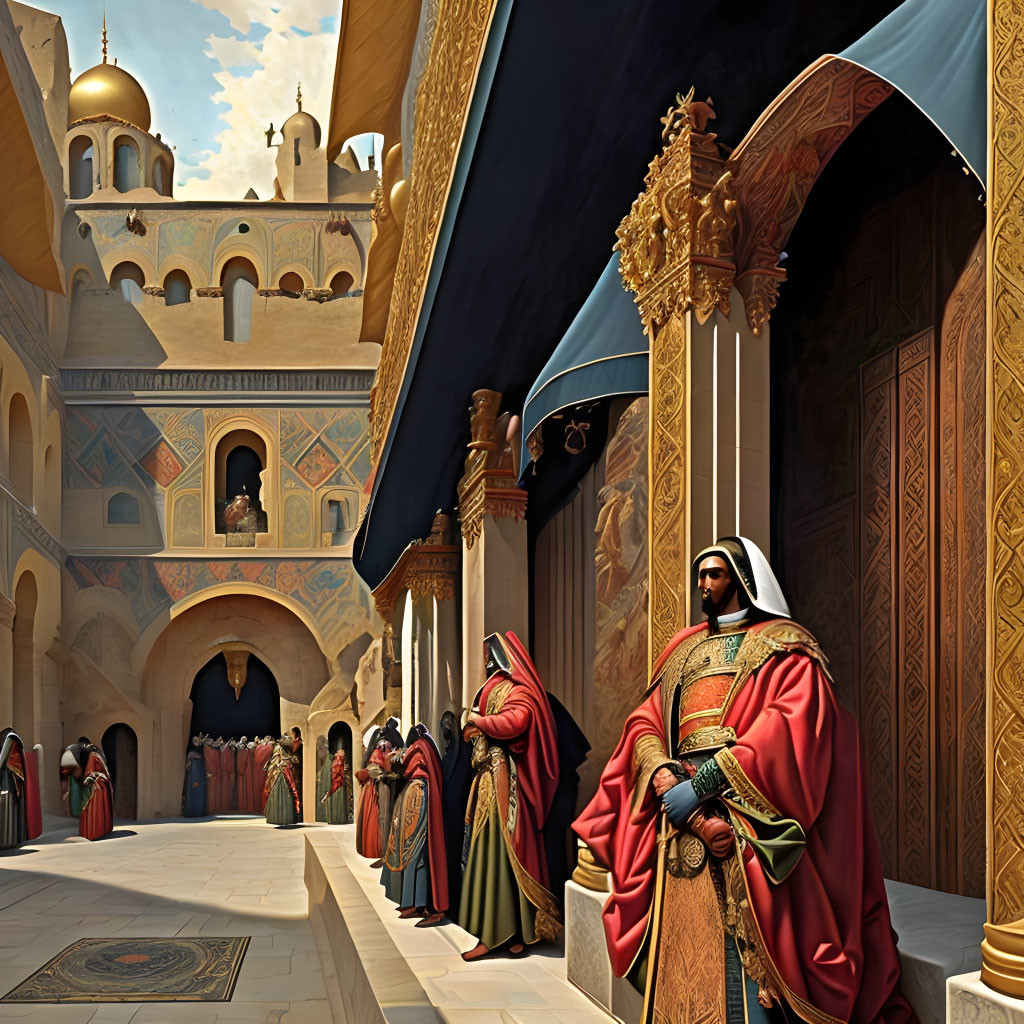 Regal individuals in palace courtyard with arches & golden domes