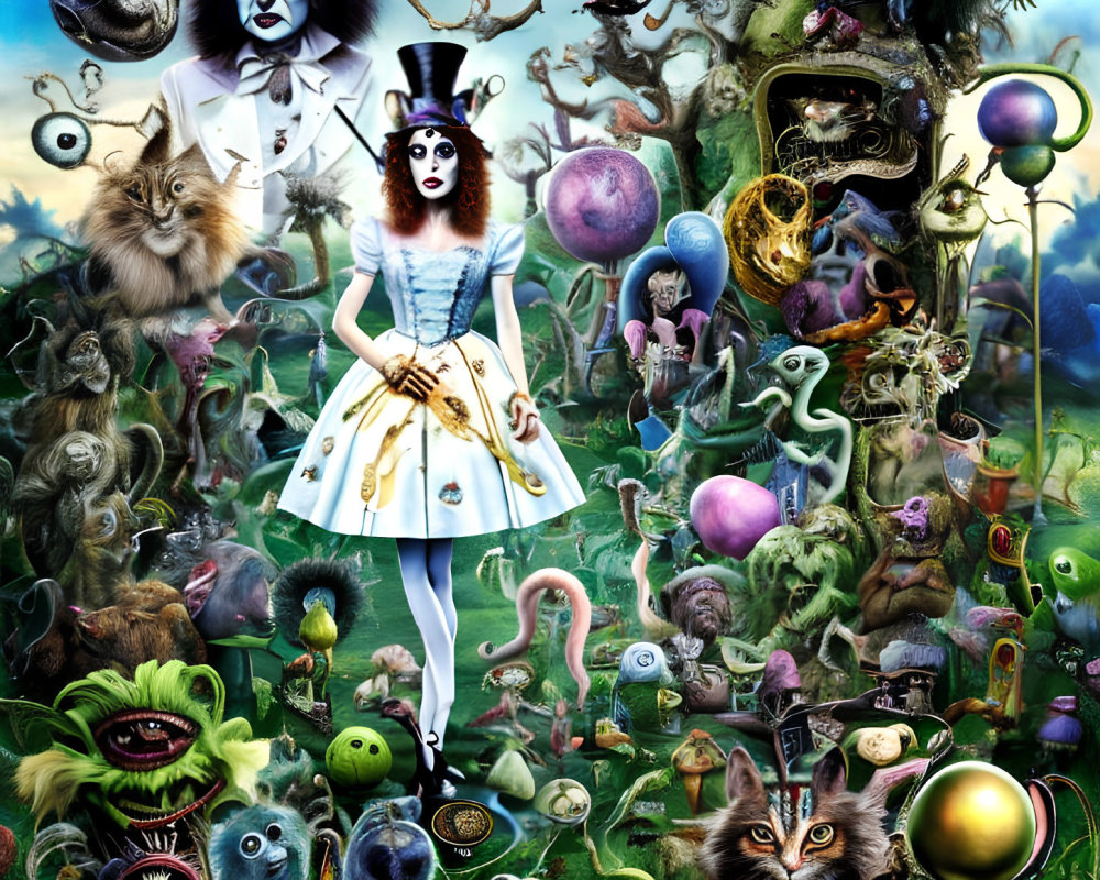 Colorful Surreal Montage of Alice in Wonderland Characters and Motifs