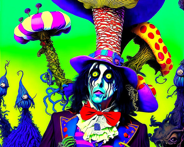 Vibrant character with exaggerated makeup in Mad Hatter style on psychedelic backdrop.