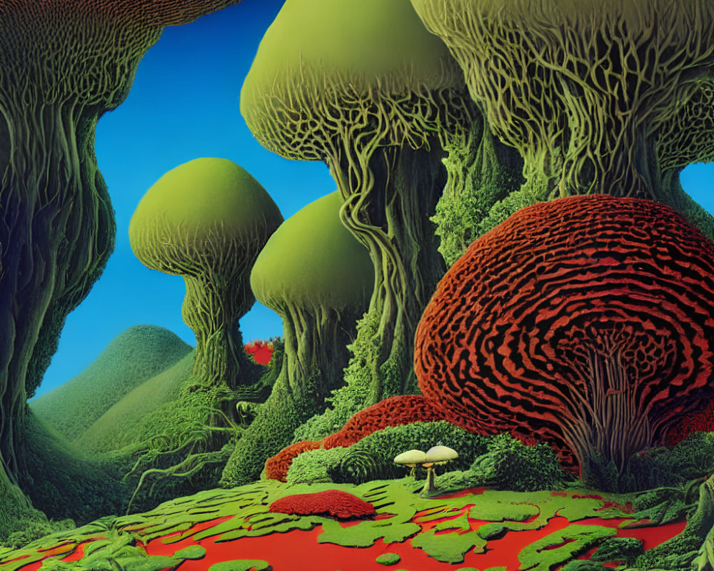 Fantastical forest illustration with oversized mushroom-like trees and red labyrinthine structure