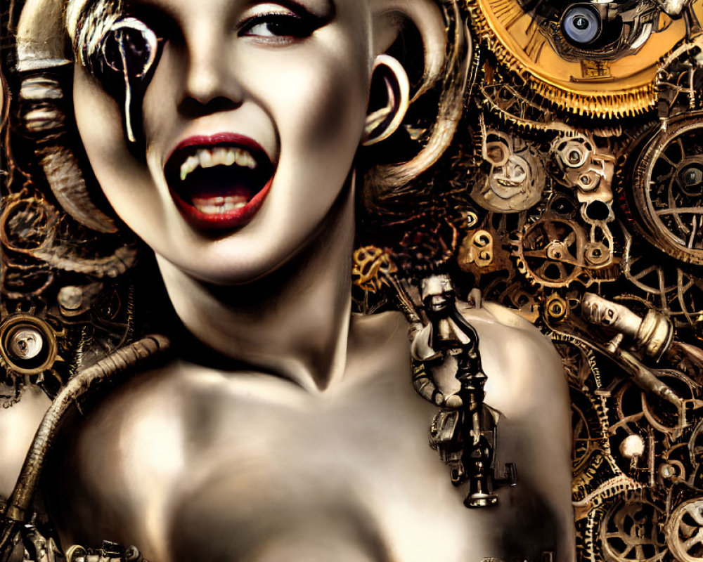 Surreal steampunk-inspired humanoid figure with clockwork motif