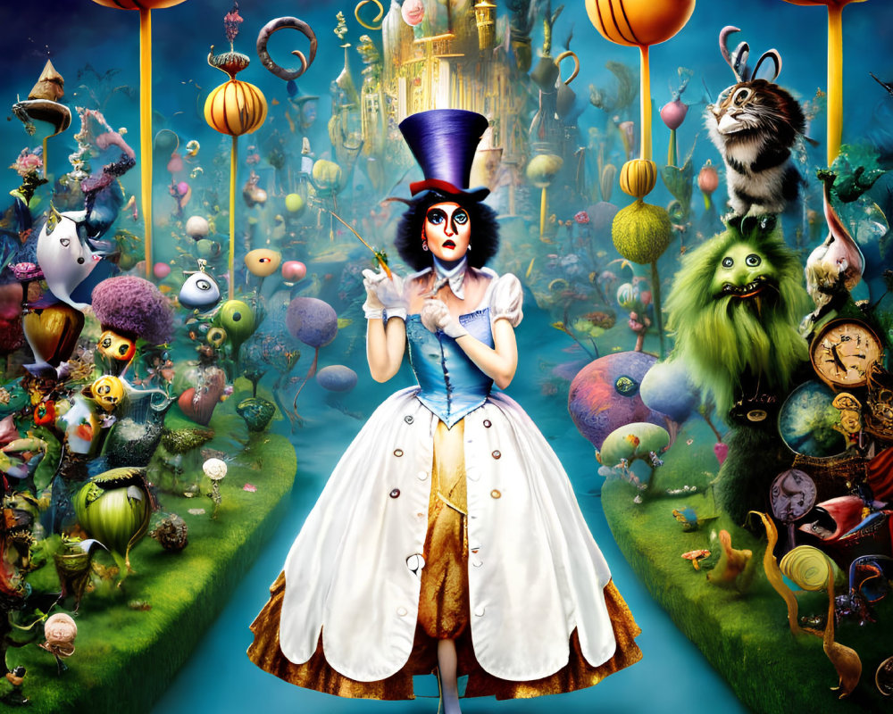 Whimsical girl in hat with fantastical creatures from Alice in Wonderland