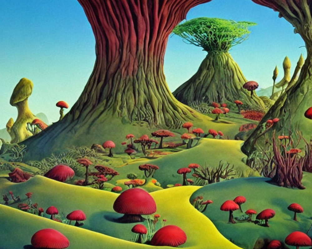 Surreal landscape with oversized mushrooms and undulating trees on green hills