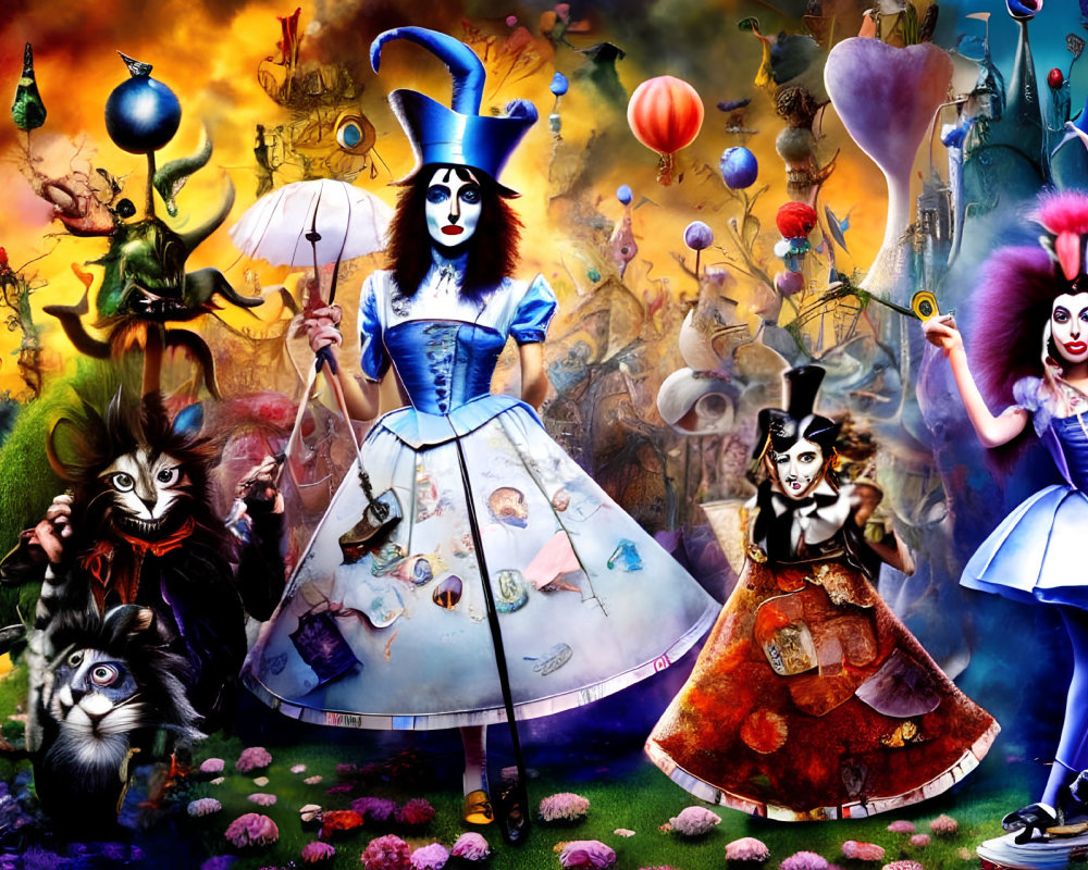 Colorful Alice in Wonderland characters in chaotic setting