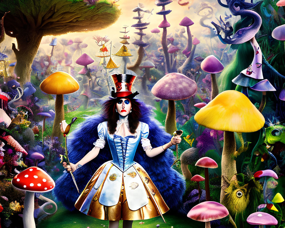 Woman in Alice in Wonderland-themed costume among oversized mushrooms