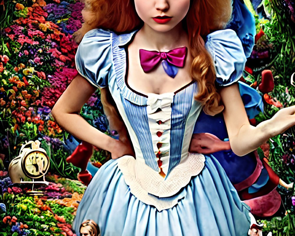 Colorful Surreal Alice in Wonderland Interpretation with Large Alice and Flower-Rich Setting