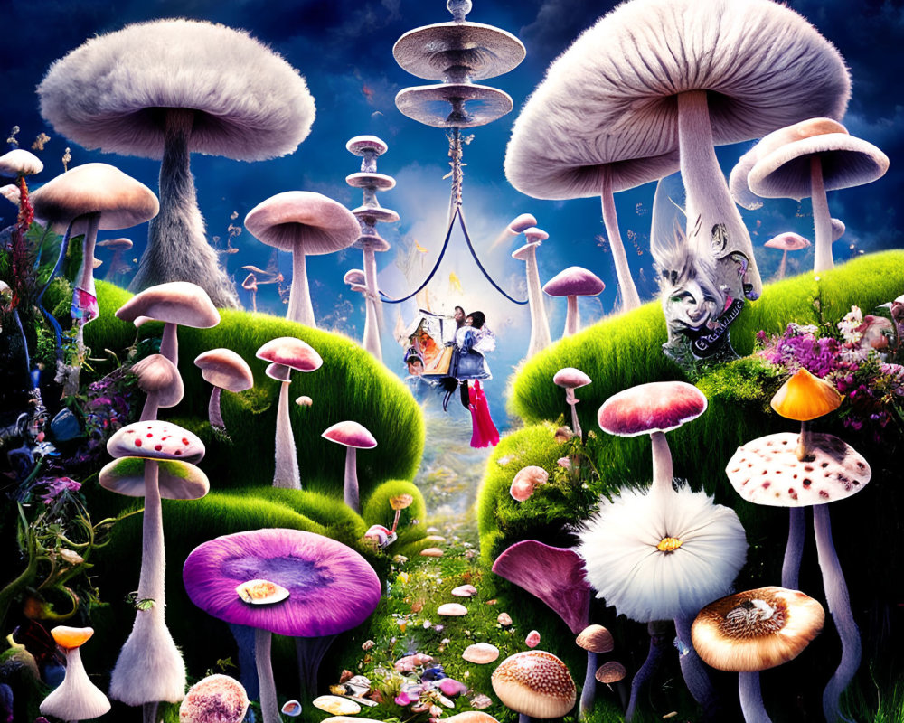 Whimsical landscape with oversized mushrooms and chandelier in sky