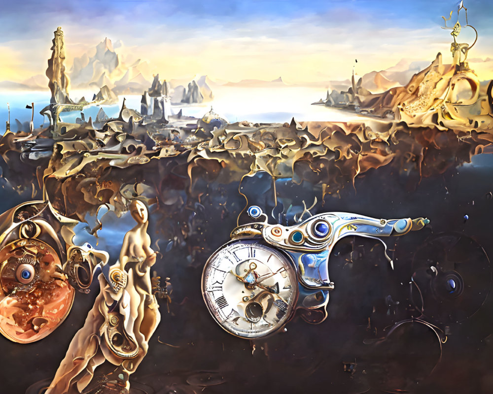 Surreal artwork: melting clocks, distorted landscape, clock revolver under cloudy sky