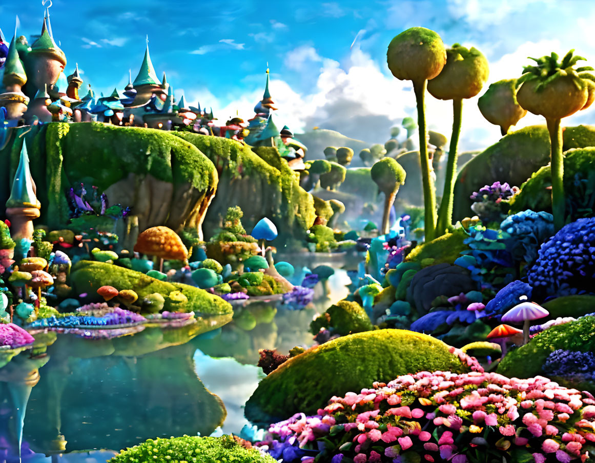 Fantasy landscape with whimsical vegetation and floating islands