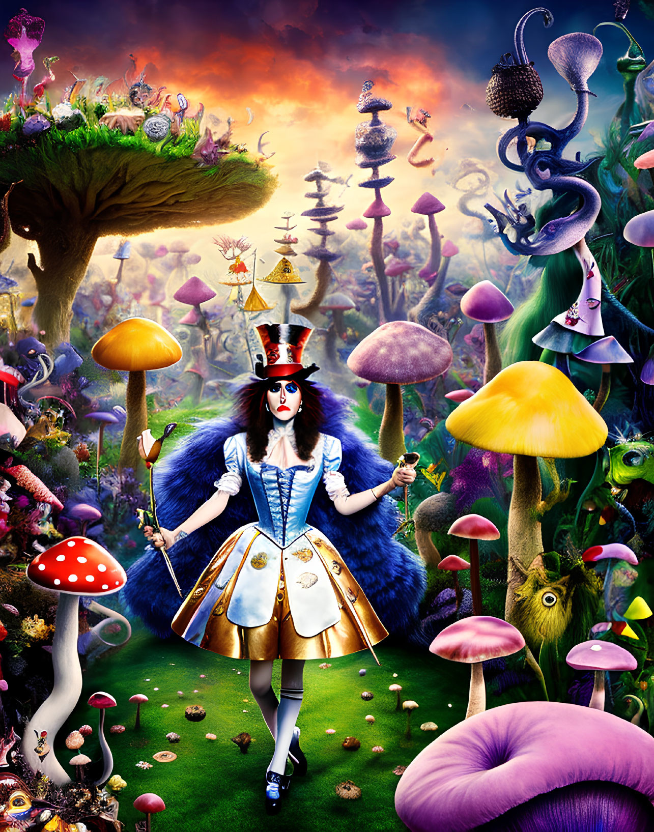 Woman in Alice in Wonderland-themed costume among oversized mushrooms