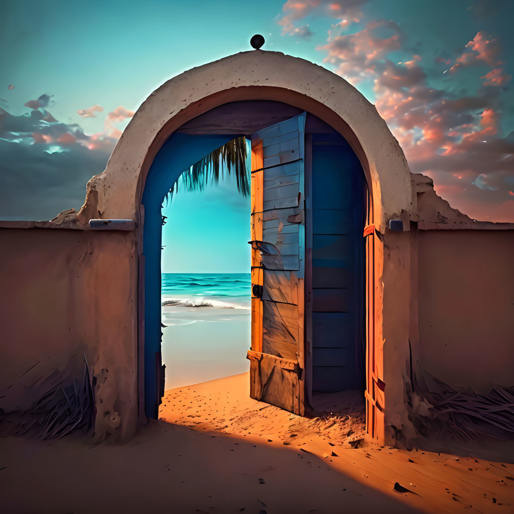 Arched doorway reveals serene beach scene with blue door, sand, and sunset sky