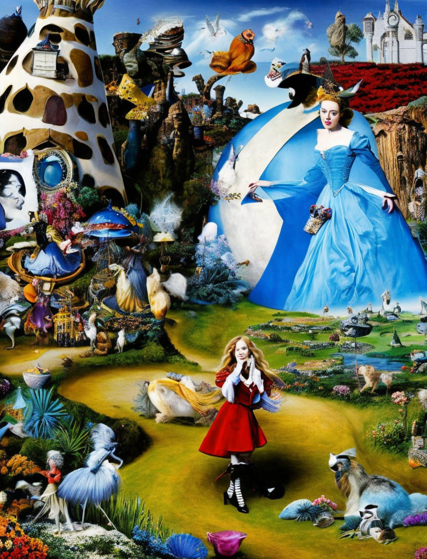 Colorful surreal collage with Alice in Wonderland characters in fantastical landscape