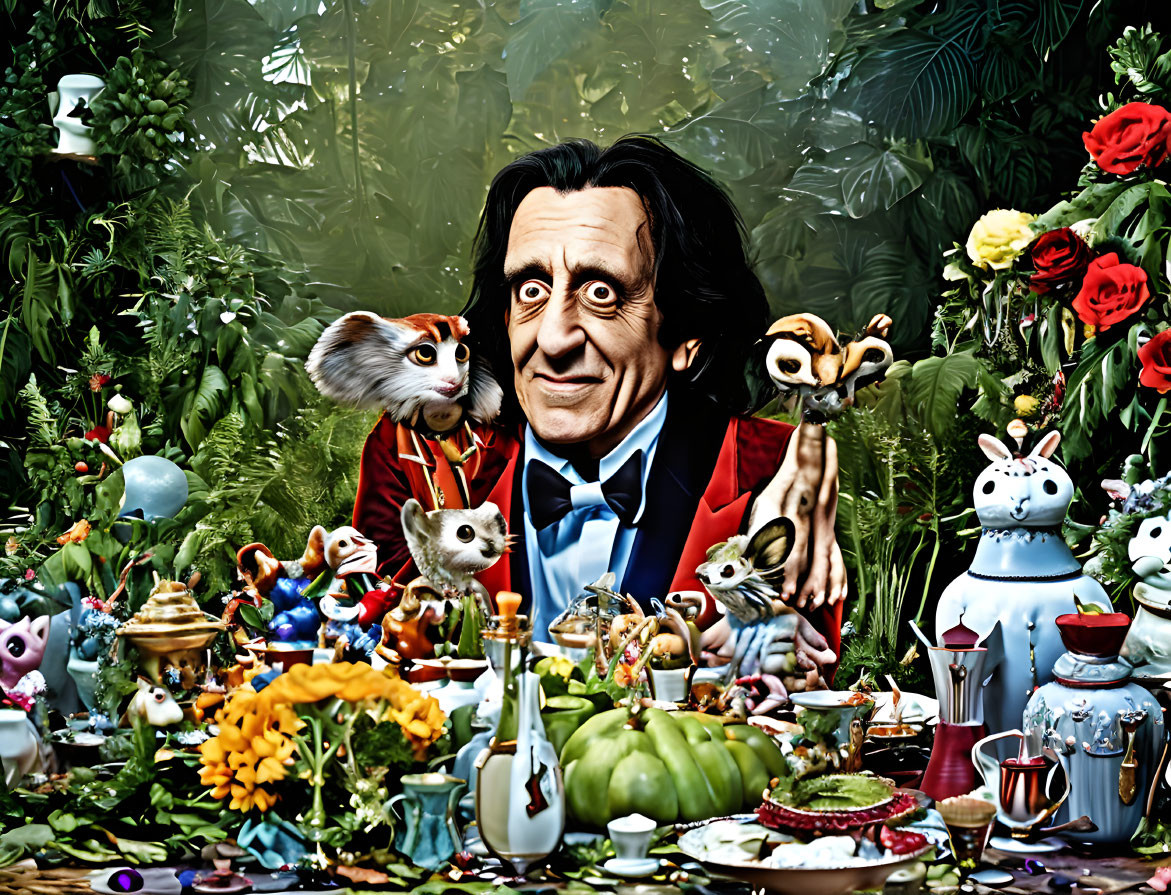 Man in Blue Suit Surrounded by Whimsical Creatures in Vibrant Garden