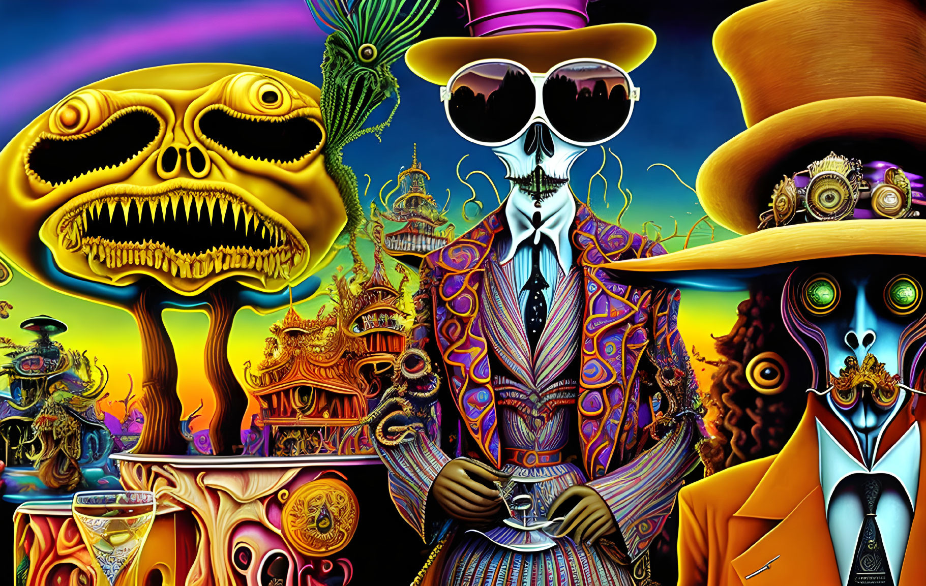 Colorful Psychedelic Skeleton Artwork with Fantastical Elements