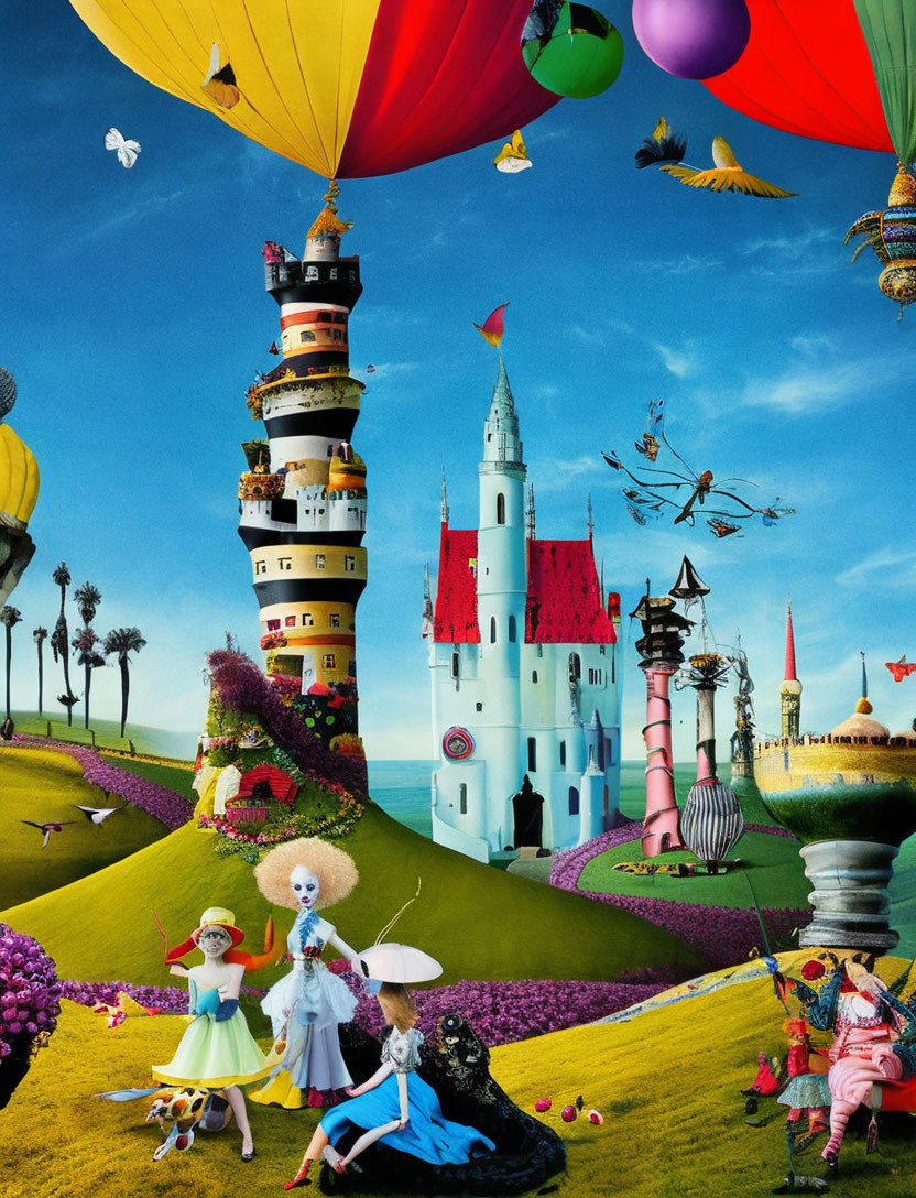 Vibrant fantasy landscape with towering buildings, castle, characters, and balloons