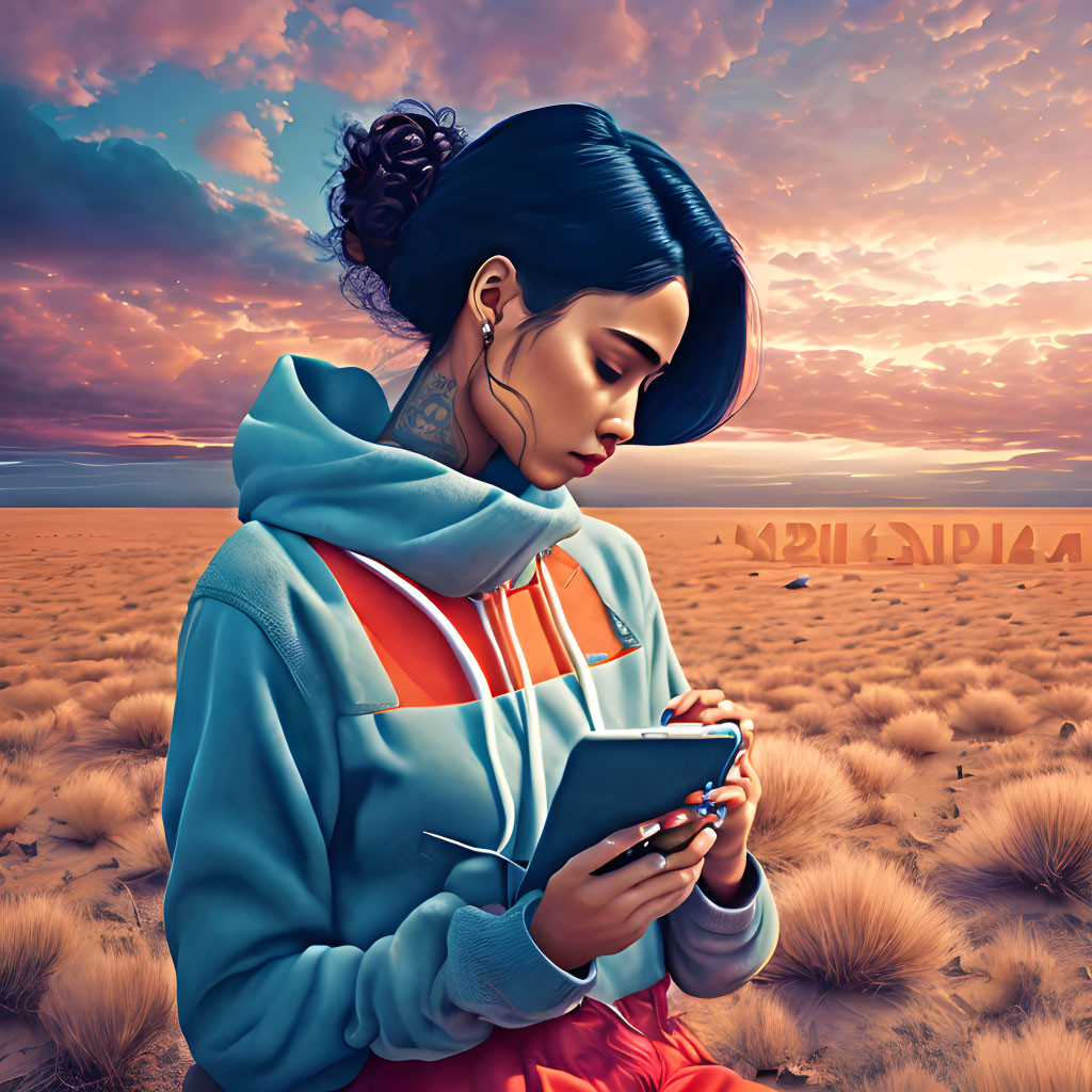 Woman with headphones using smartphone in desert at sunset, warm sky, dry grass, blue hoodie, red