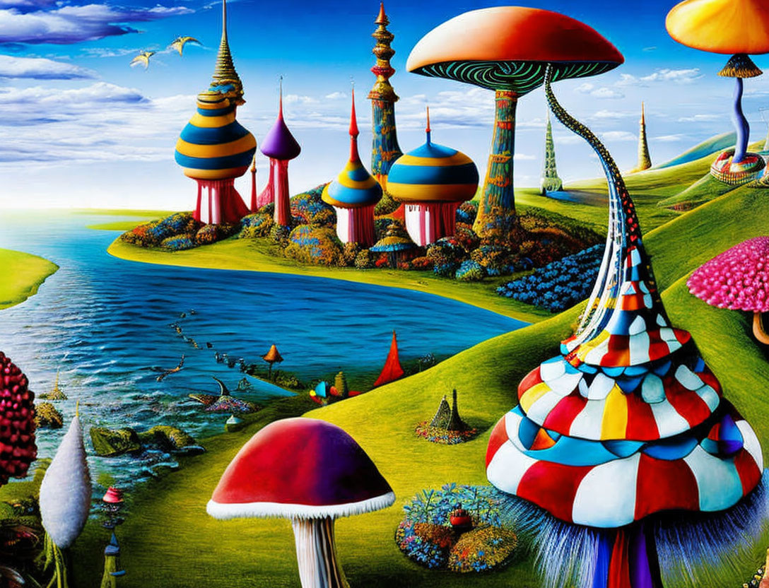 Fantasy landscape with mushroom-like structures and whimsical buildings