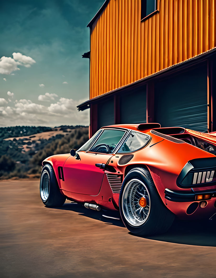 Classic Orange Sports Car Parked by Yellow Building Under Clear Sky