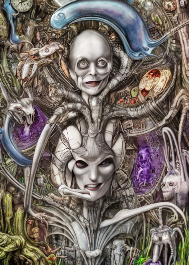 Surreal Artwork: Central Figure with Oversized Head and Fantastical Creatures