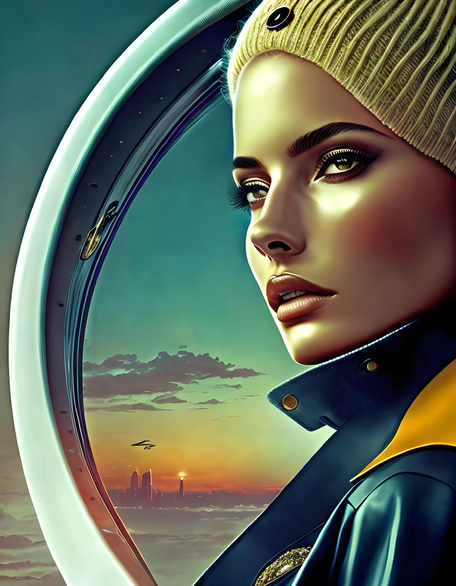 Woman in yellow beanie and blue jacket by spaceship window with futuristic cityscape.