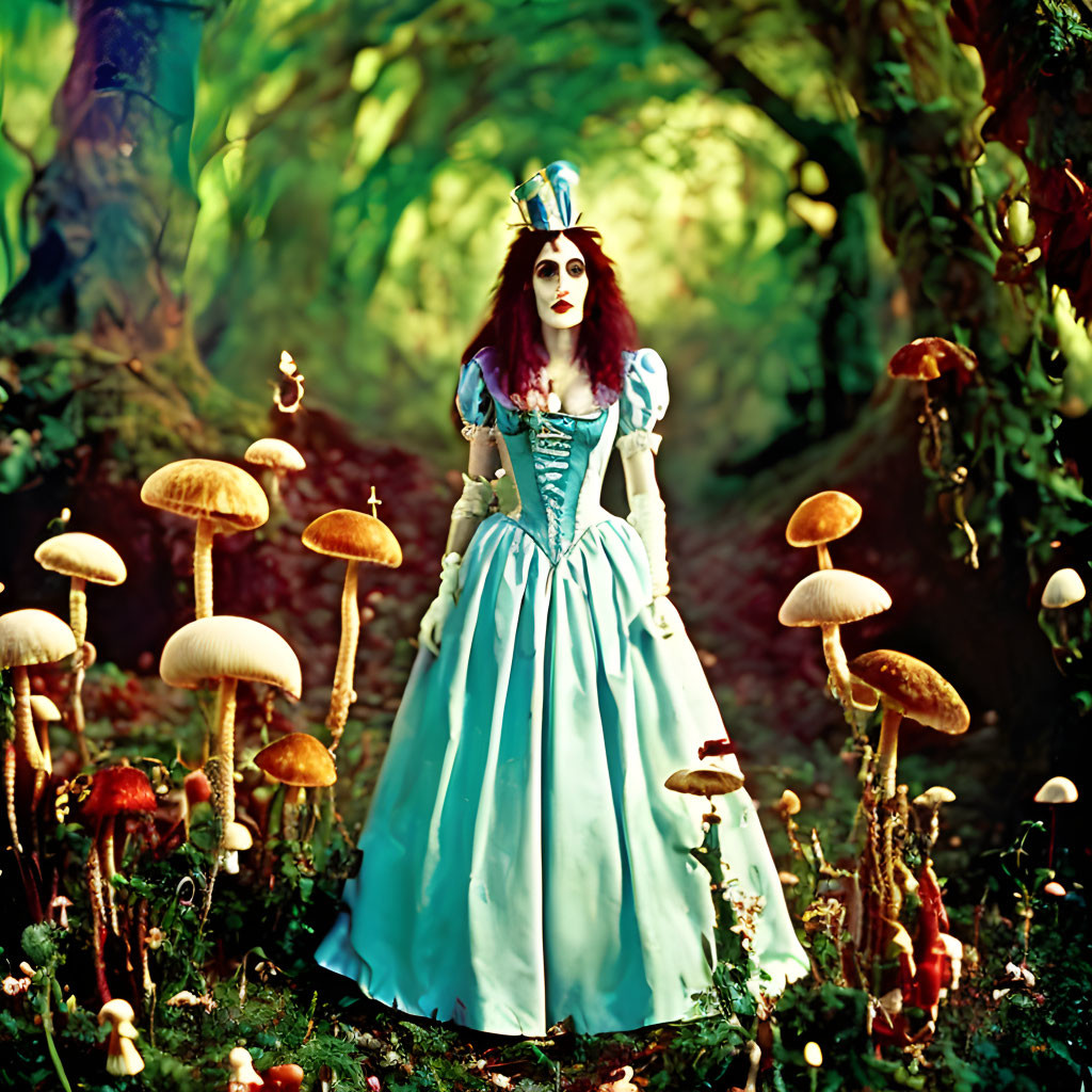 Character in Alice in Wonderland costume with tiny crown among oversized mushrooms in whimsical forest setting