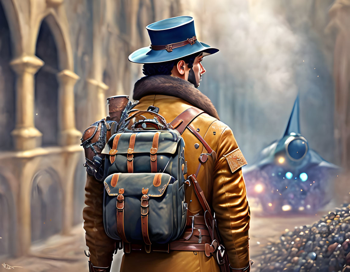 Steampunk man in top hat and goggles with futuristic airship in background