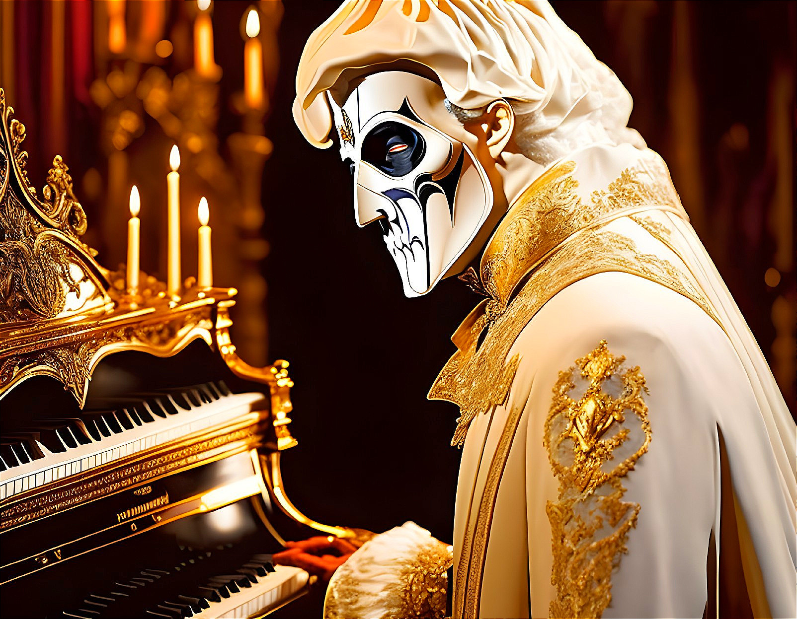 Person in white and gold skull mask costume at grand piano with lit candles