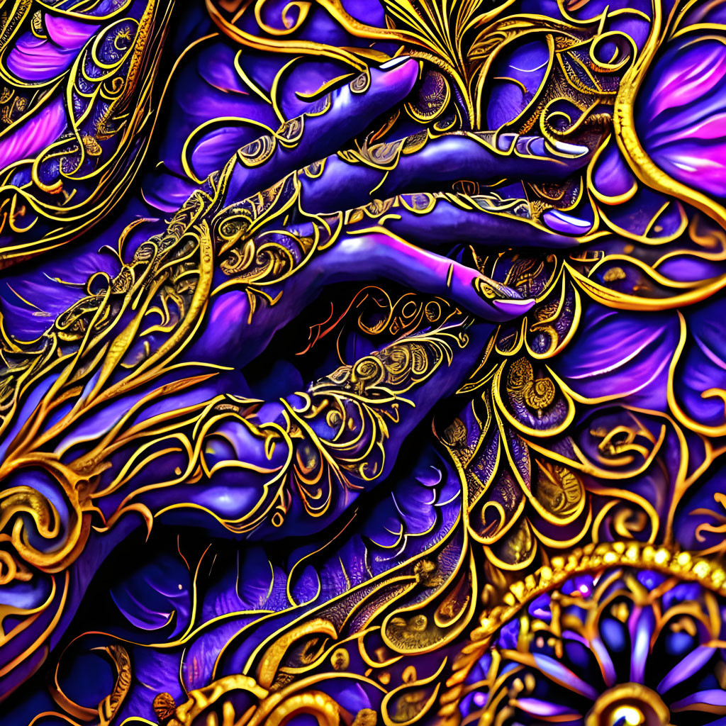 Detailed close-up of ornate, textured digital artwork featuring intricate purple and gold hand patterns.