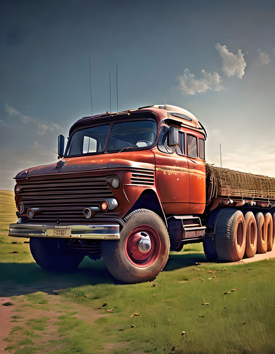 Vintage Red Truck Hauling Green Pipes in Field