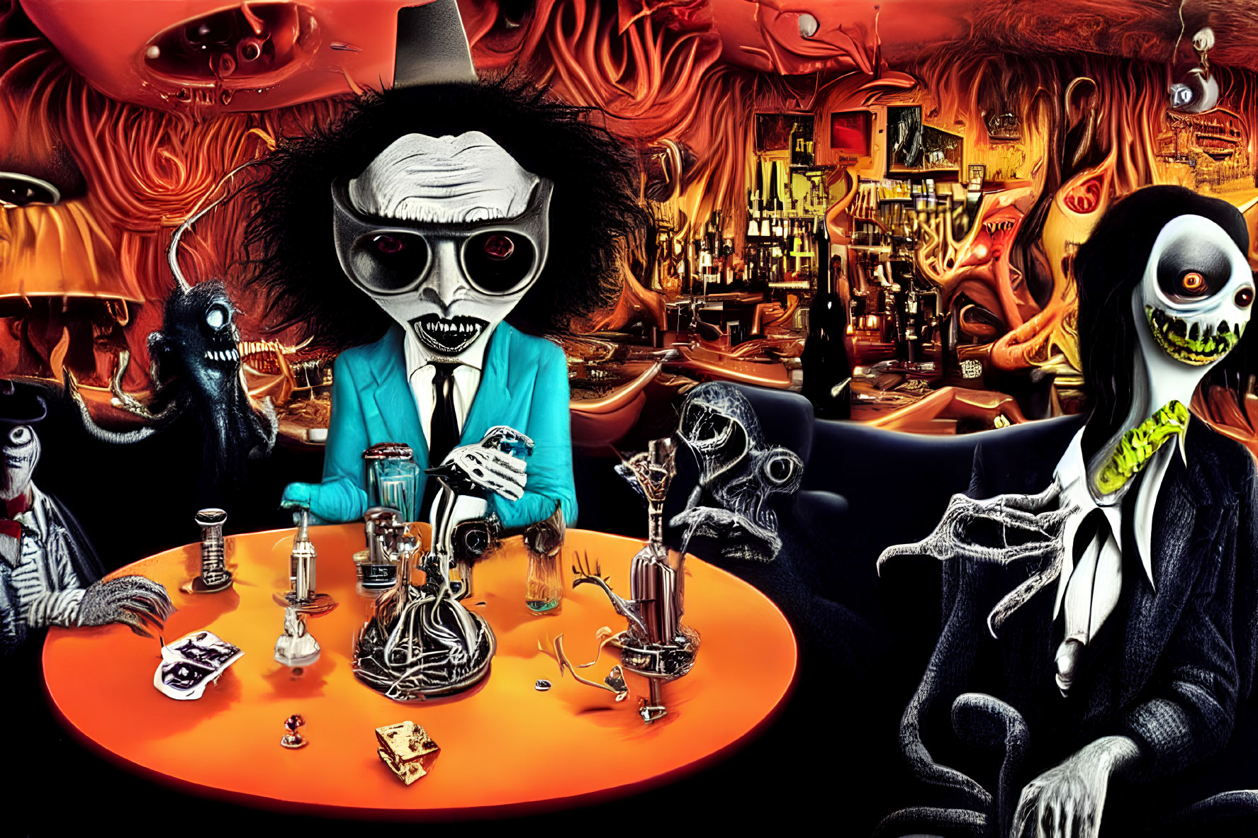 Surreal Cartoonish Figures in Bar with Vibrant Colors