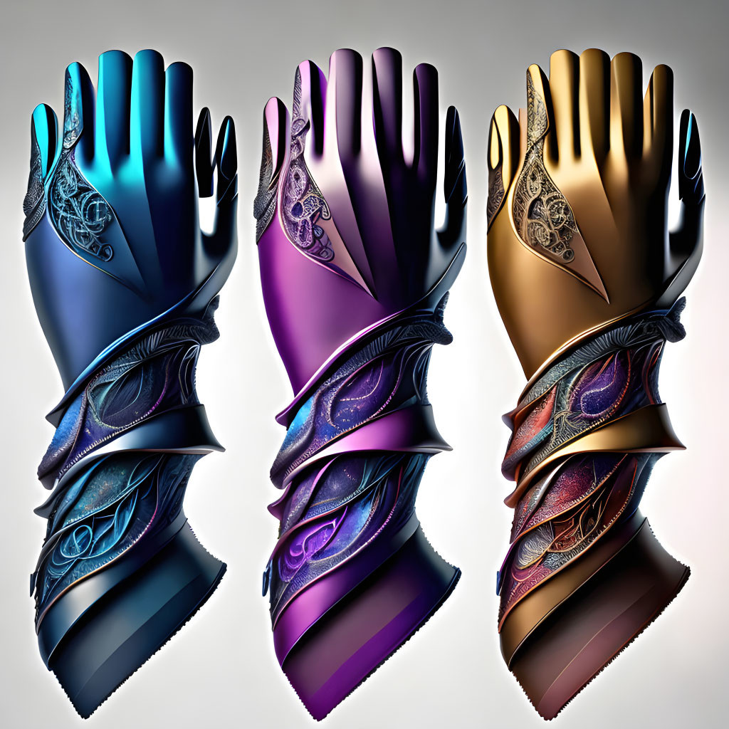 Ornate Blue, Purple, and Gold Gauntlets on Gradient Background