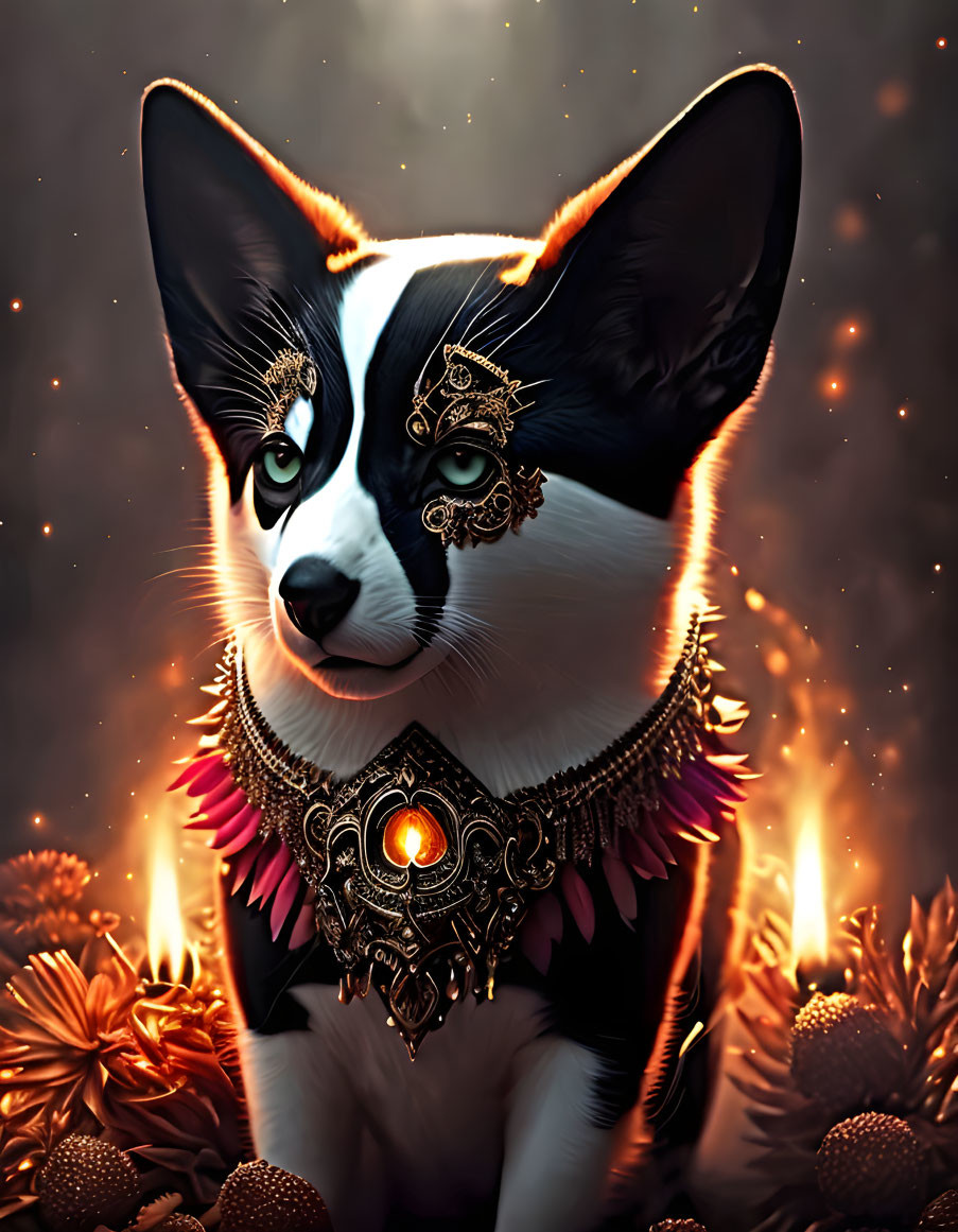 Digitally altered corgi with golden jewelry and glowing amulet in fiery bokeh.