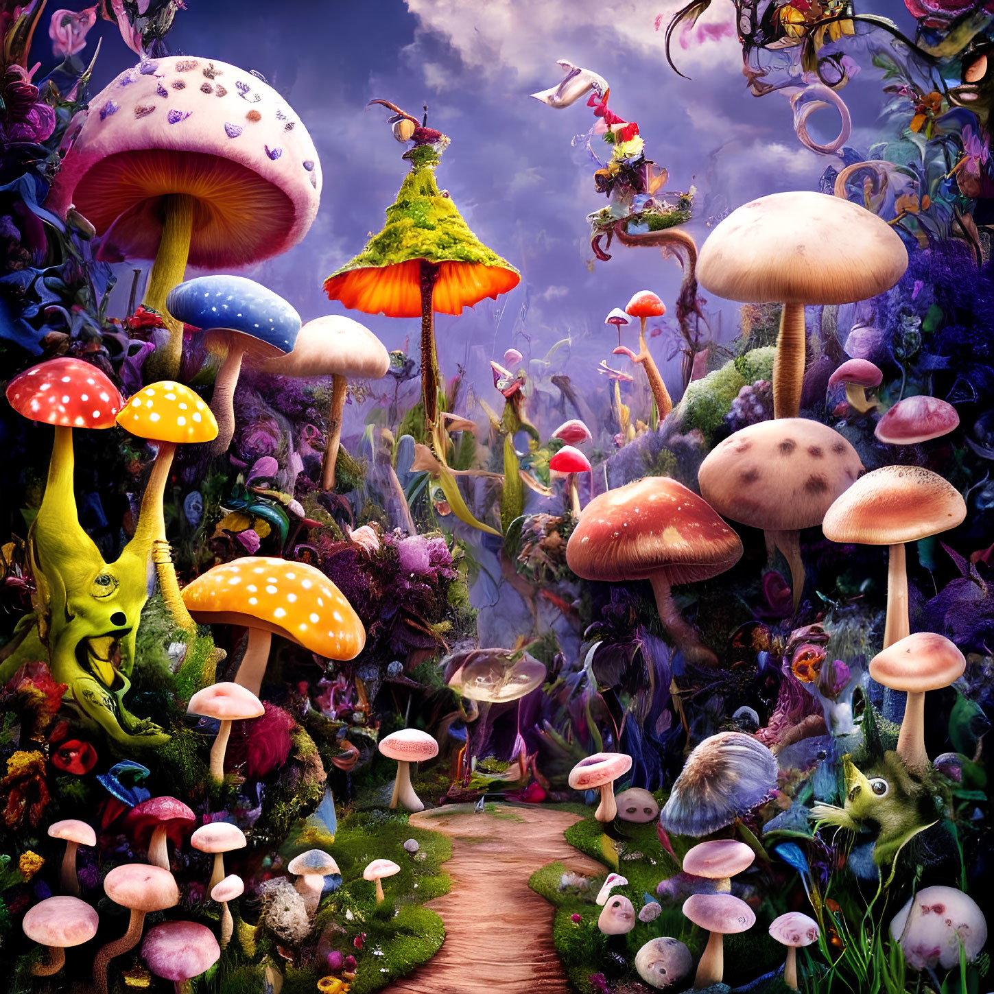 Colorful fantasy landscape with whimsical mushrooms, flora, and creatures