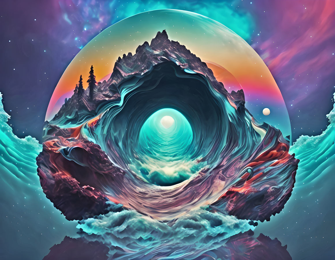 Surreal landscape with circular void, snowy mountains, pine trees, colorful sky