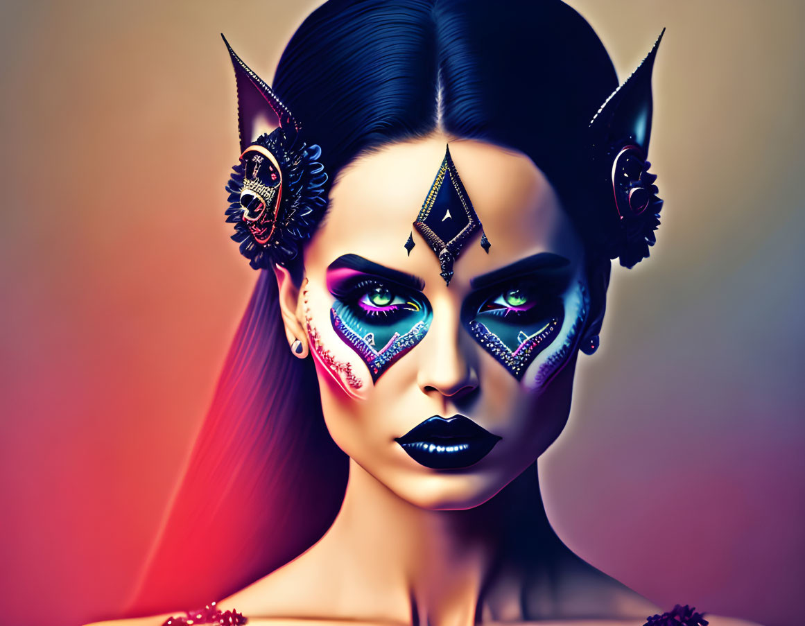 Fantasy makeup woman with green eyes and feline earpieces on warm gradient backdrop