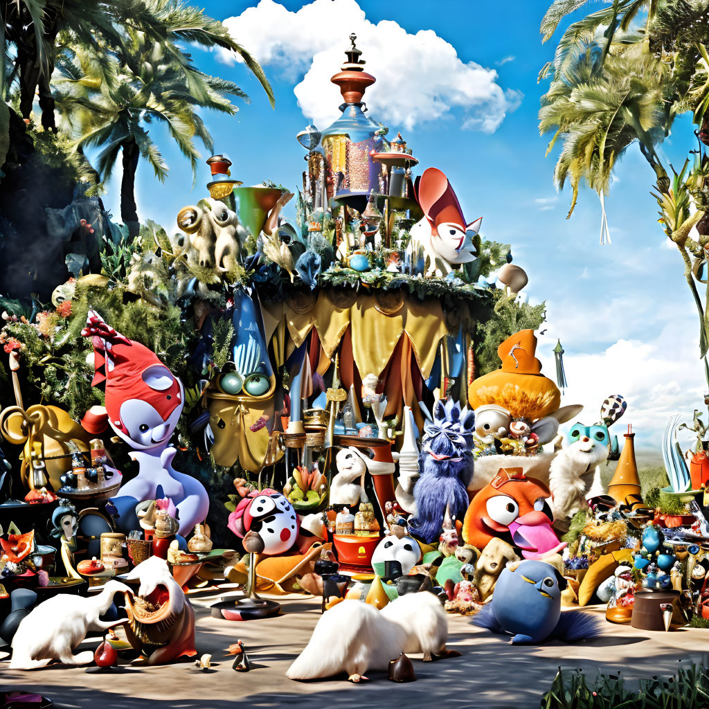 Whimsical creatures and carousel under blue sky