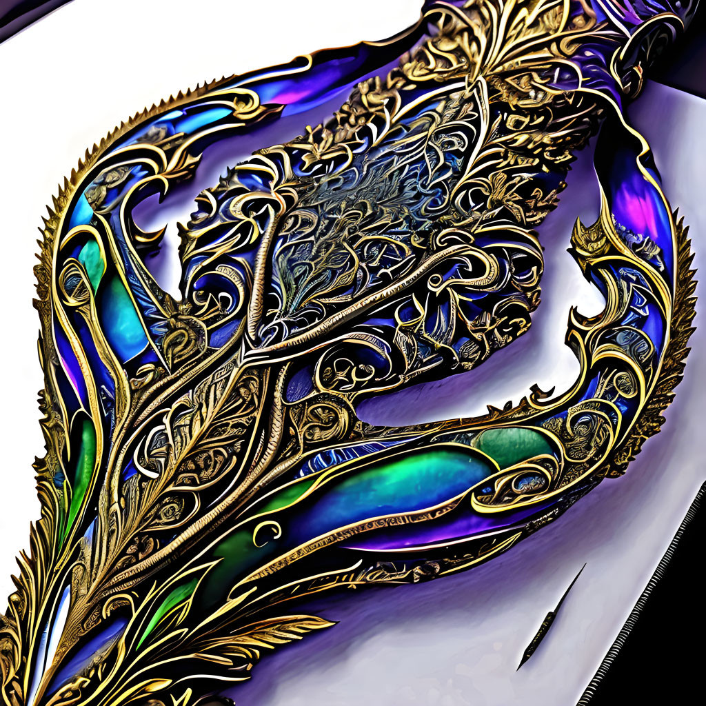 Golden filigree with iridescent inlay on white background: a luxurious and intricate design.