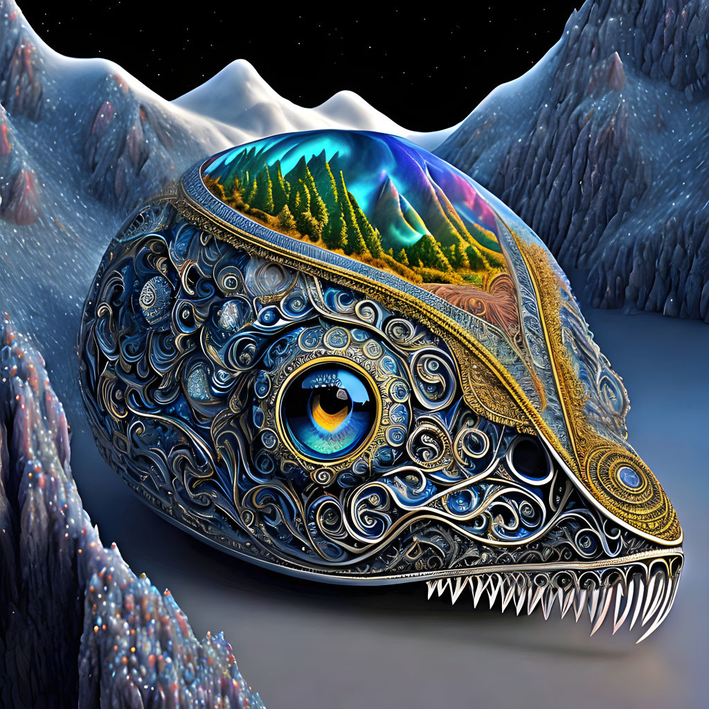 Metallic creature head with eye and teeth in snowy mountain landscape with illuminated trees and starry sky