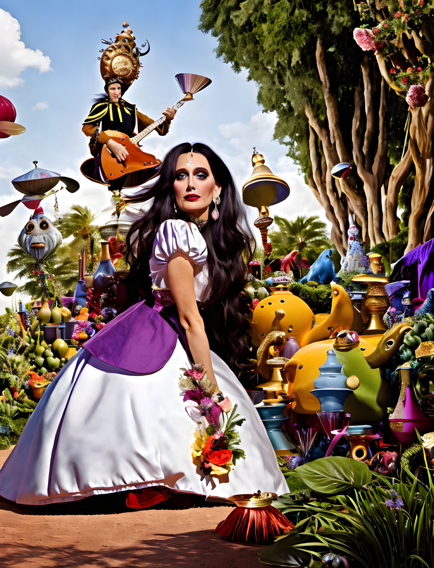 Colorful woman in whimsical dress with teacup and floating teapot in fantastical garden