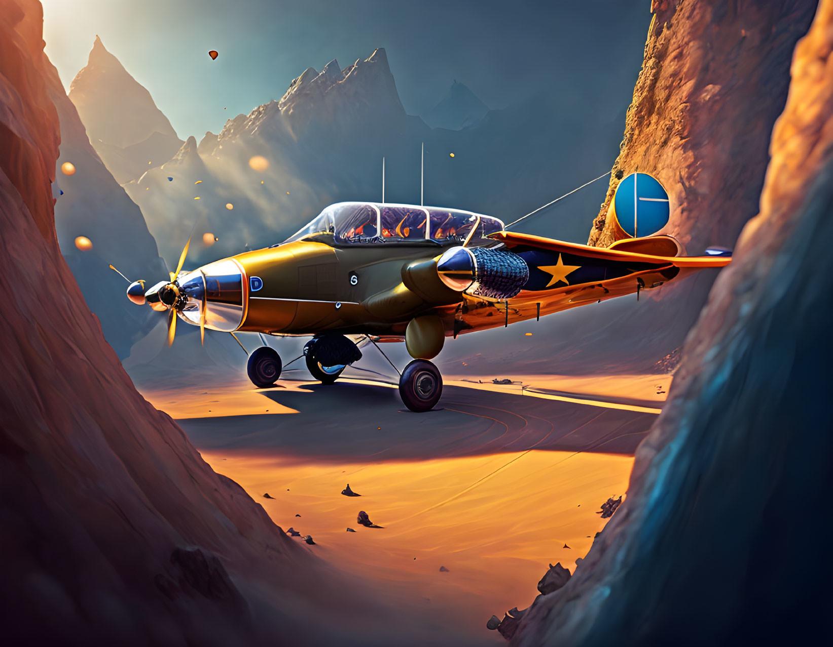 Vintage Fighter Aircraft in Desert Canyon at Sunset