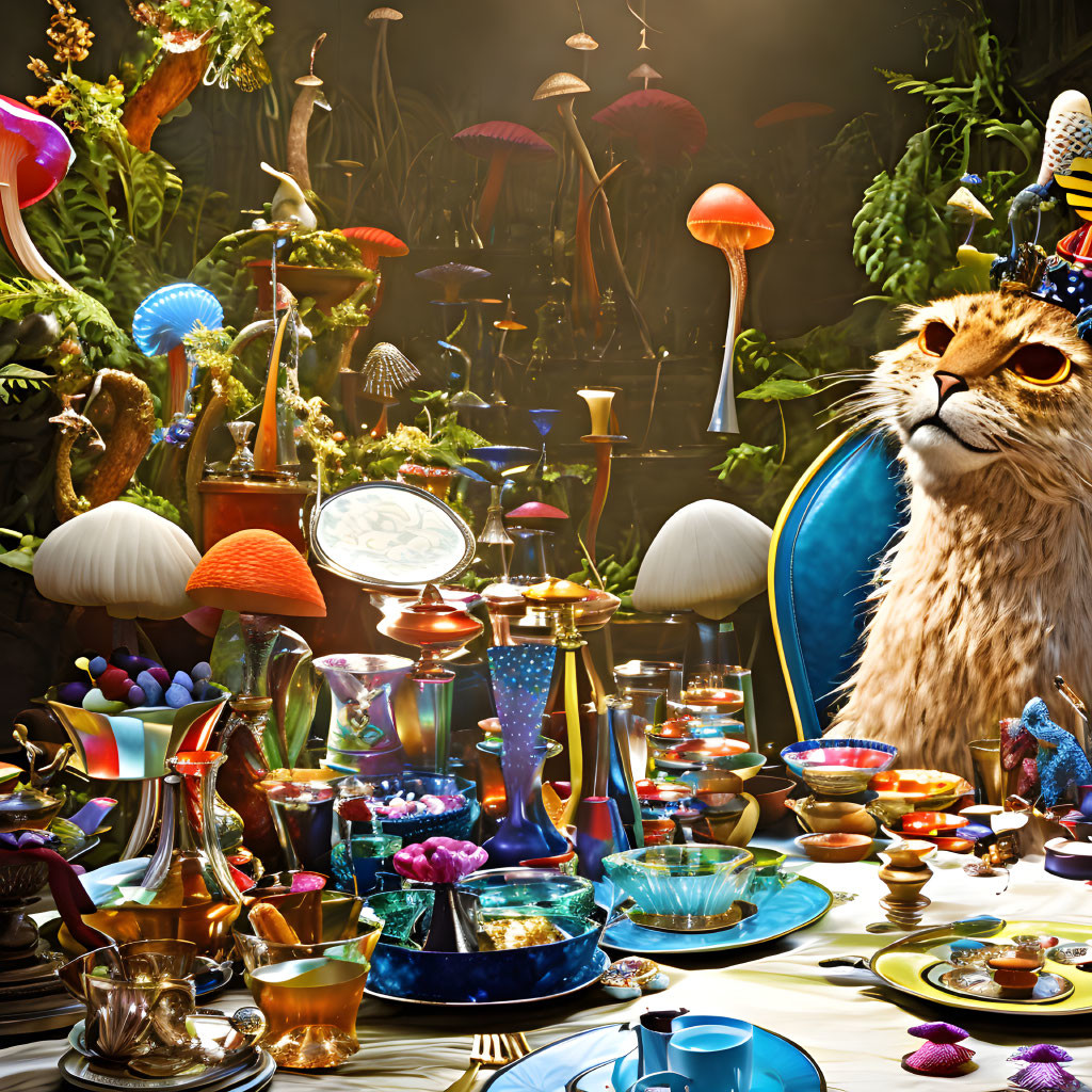 Colorful dinner scene with anthropomorphic cheetah head and psychedelic mushrooms