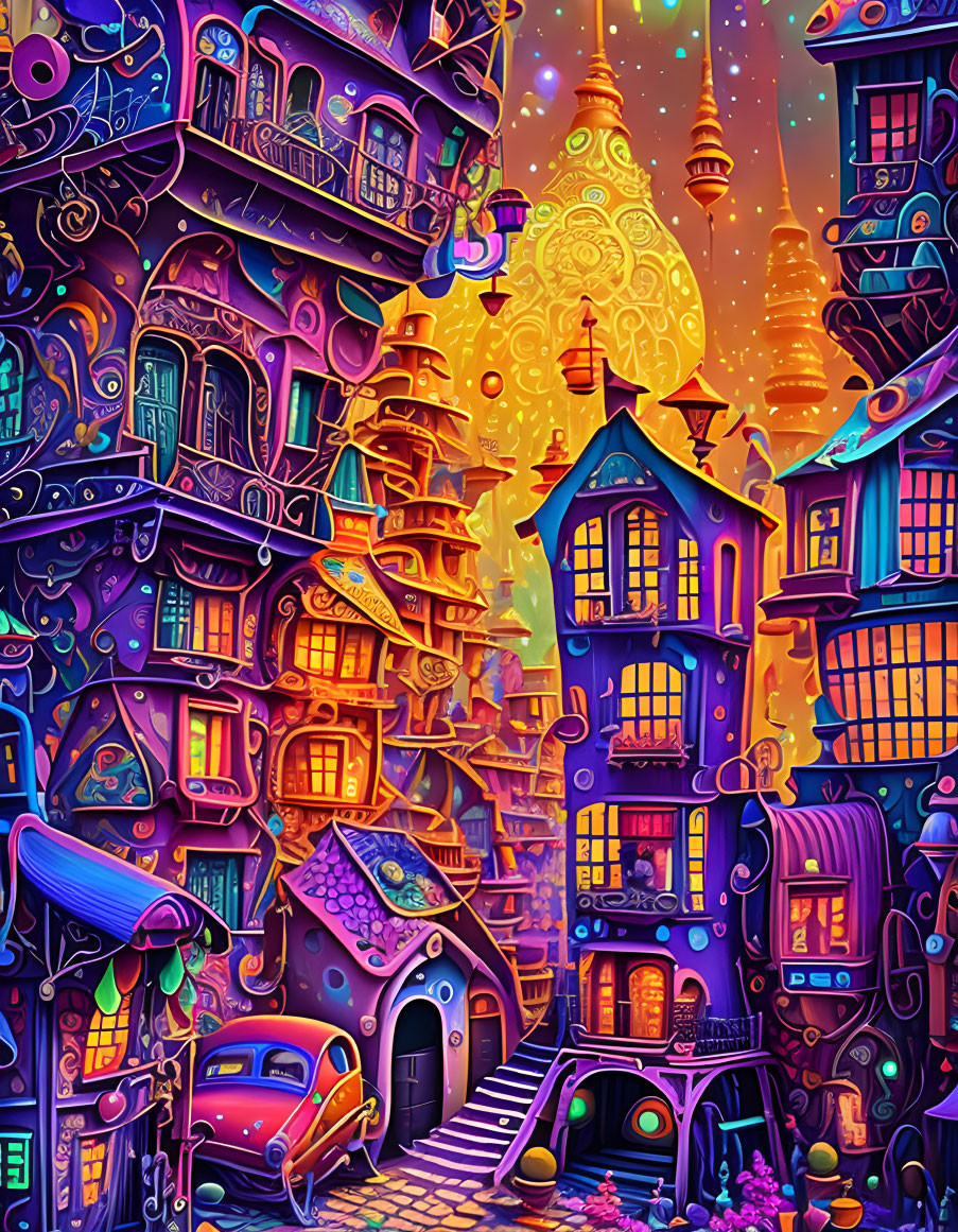 Colorful Whimsical Cityscape with Vintage Car and Magical Elements