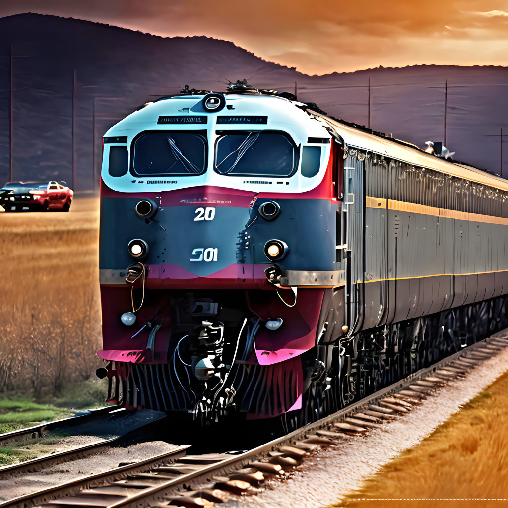 Vintage Passenger Train on Tracks at Sunset