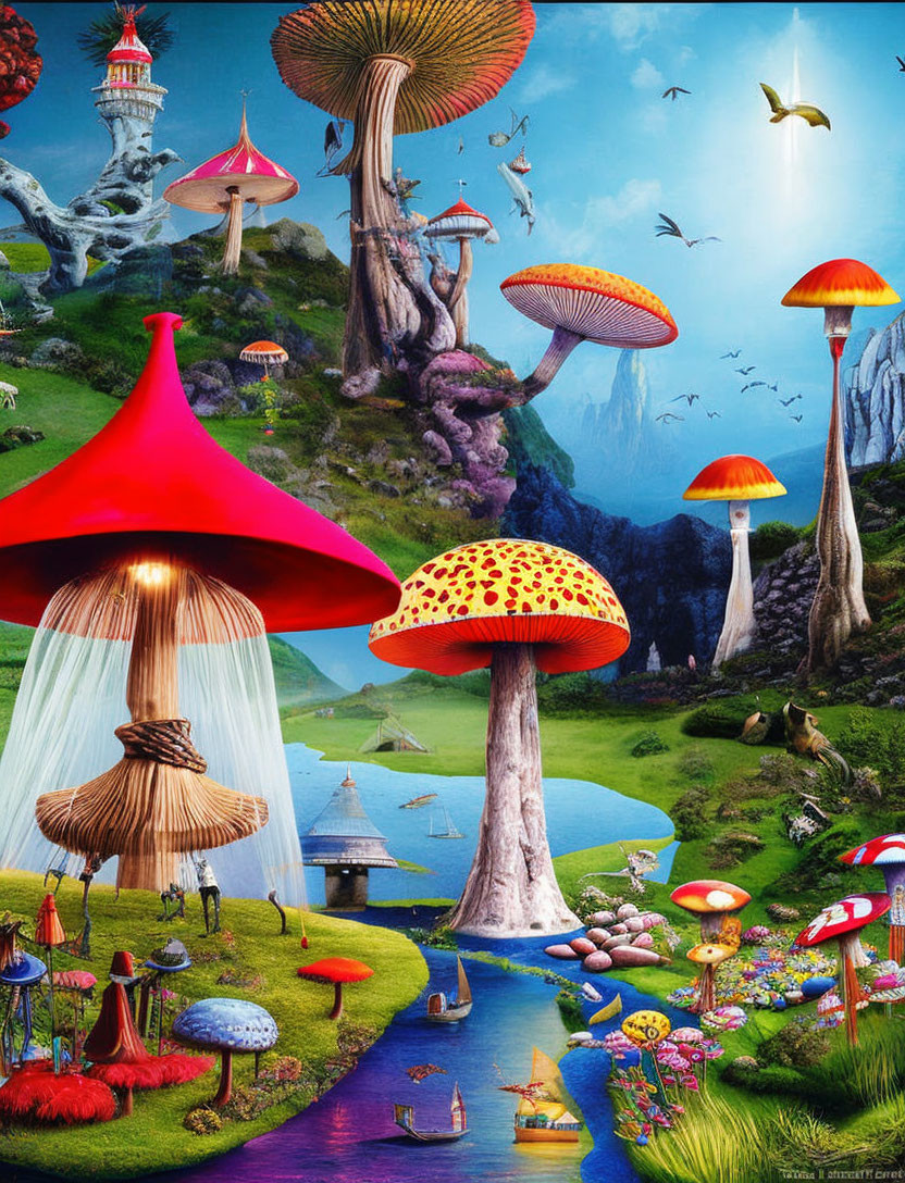 Colorful oversized mushrooms, river, trees, birds in fantasy landscape