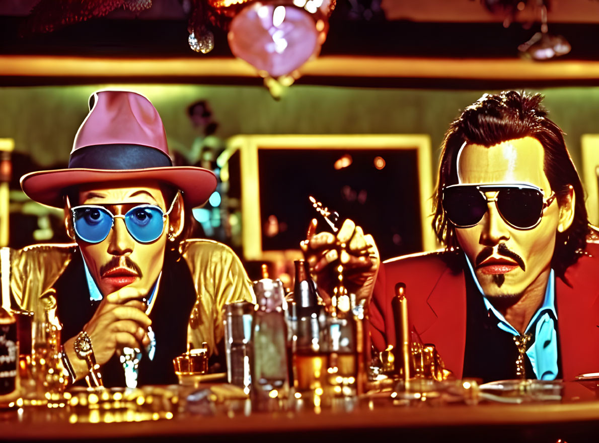 Two individuals in sunglasses and hats at a bar with bottles and glasses